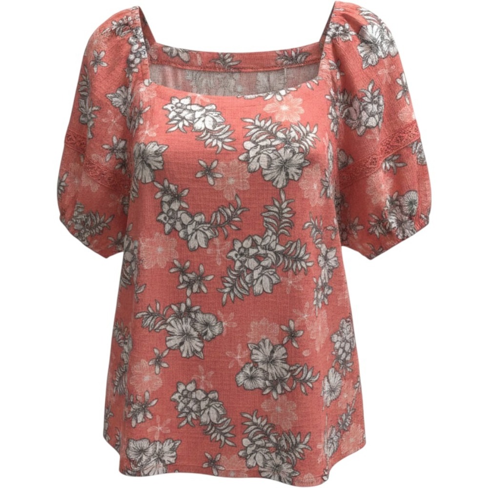 Como Blu 3XL Coral tropical Floral Puff Sleeve Crochet Trim Blouse, cottagecore